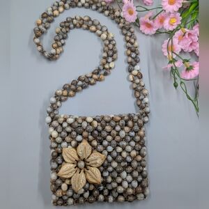 Vintage Handmade Beaded Floral Shoulder Bag - Brown and Cream